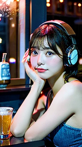 A bar surrounded by stars。A young and beautiful woman、At the bar window、With headphones、While listening to music、Drinking canned chuhai。she、With dark brown short hair、Droopy eyes、and、round face。Blue bikini bra and、Denim shorts、Wearing。
