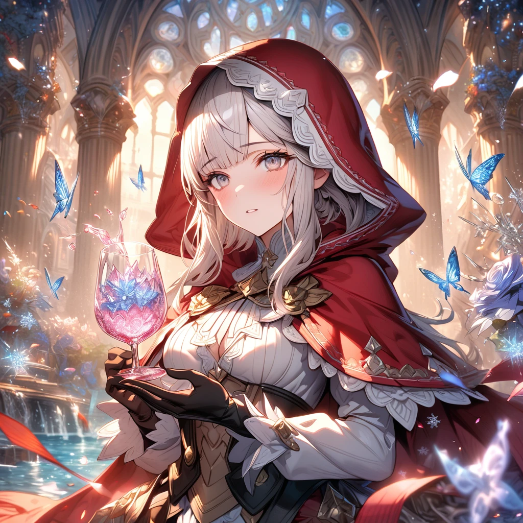 Ultra detailed, HDR, Highres, absurdres, master piece, Velouria, white hair, expressive gray eyes, red cape with a hoodie, white shirt, Fire Emblem Fates, extremely beautiful, woman, black gloves, glass, ice glittering butterflies, ice, petals, pink ice glass flowers, glittering, water, fantasy, magical, snowflakes, cold, glass