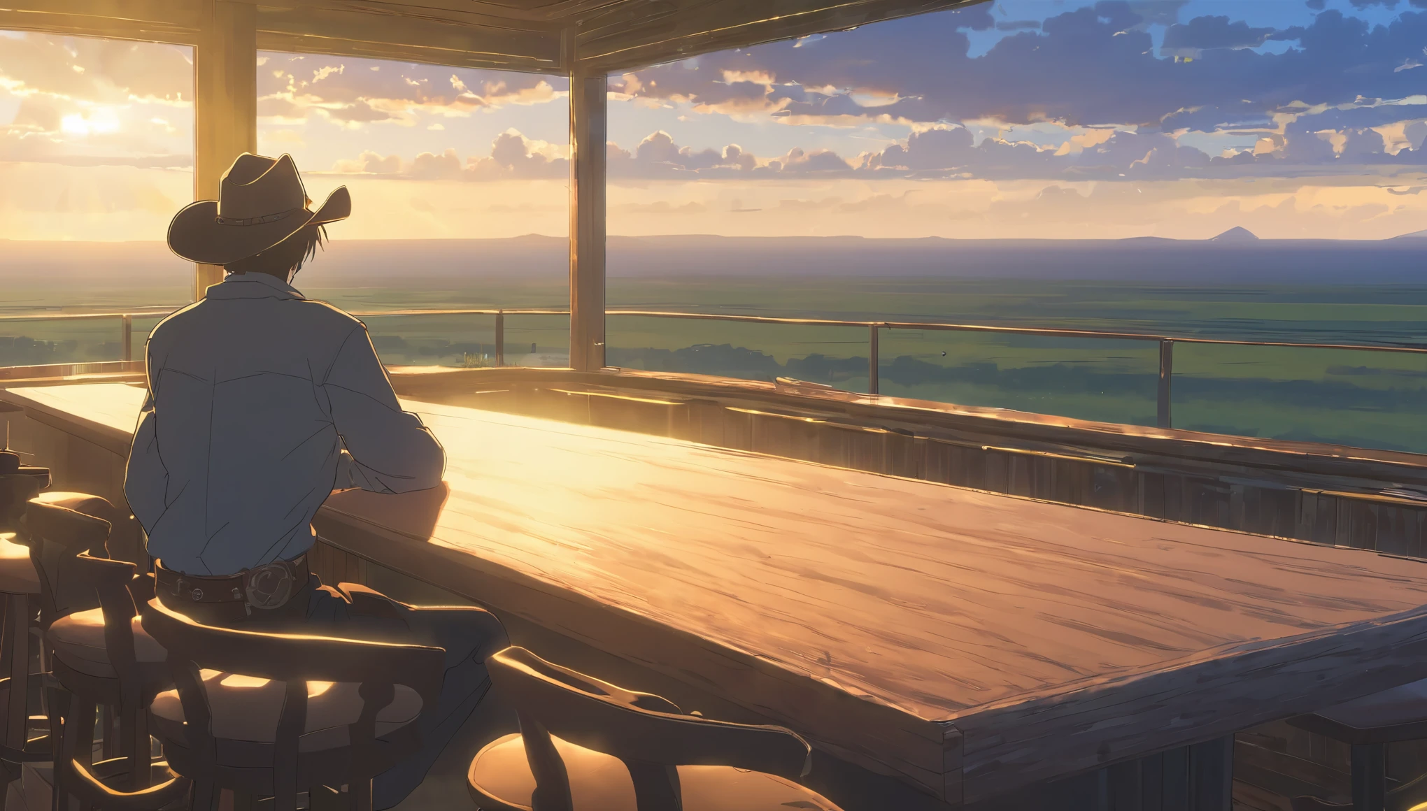 Cowboy relaxing with your foot on the table in the bar looking for the horizon, ( ( makoto shinkai ) ), makoto shinkai&#3 background anime full hd, conceptual artwork, tumblr, magical realism, cute anime