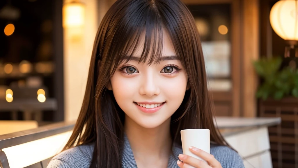 Cute girl working at a cafe terrace　Japanese　１９age　
Professional Lighting　Digital SLR　Beautiful and elaborate face　Perfect and beautiful face　Big eyes Smile
