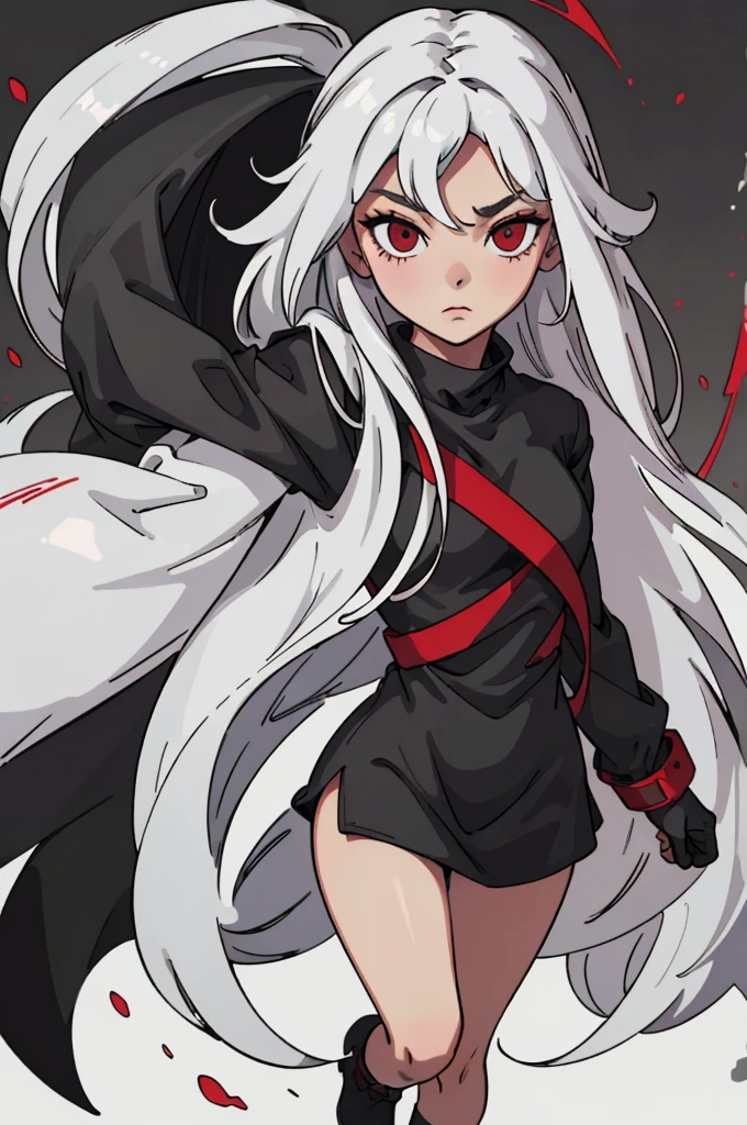 best quality, simple Details, 1 girl, Long hair, white hair, tousled hair, Rote Highlights, red eye, good eyes, Black Dress, simple background, full body,