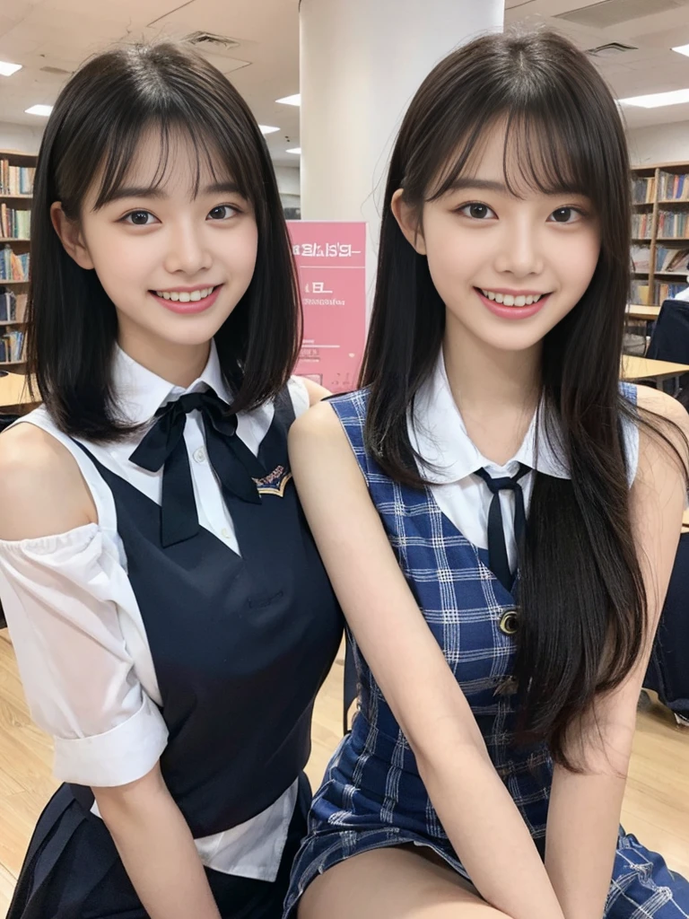 (Super cute Korean high school girls duo take photos 1.2)(grin,Smile)(Beautiful Sweat:1.1)(16K, RAW Photos, Highest quality, masterpiece: 1.2),(Beautiful short bob hair with even bangs, black hair) Super detailed, Super Resolution, (Genuine, Genuine photos: 1.37), Portraiture, High-resolution RAW color photos, Professional photos, Very detailed, 8k wallpaper, Very detailed CG Unity 8k wallpaper, Very detailed beautiful girls, Very detailed faces, ((whole body)), beautiful woman, Huge breasts,(huge boobs:1.1) (Big Boobs:1.1), Beauty college student (A tight, girly, navy sleeveless  with ribbon),high school girl, Korean Girls,(K-POP Female Idols), (Idol-class beauty)(Beautiful high school girl:1.1)(A library filled with books)(18-year-old)(Stylish school uniform-style outfit:1.1)(Group photo:1.1)(Tattoo,Tattoo:1.0)