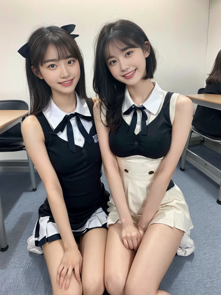 (Super cute Korean high school girls duo take photos 1.2)(grin,Smile)(Beautiful Sweat:1.1)(16K, RAW Photos, Highest quality, masterpiece: 1.2),(Beautiful short bob hair with even bangs, black hair) Super detailed, Super Resolution, (Genuine, Genuine photos: 1.37), Portraiture, High-resolution RAW color photos, Professional photos, Very detailed, 8k wallpaper, Very detailed CG Unity 8k wallpaper, Very detailed beautiful girls, Very detailed faces, ((whole body)), beautiful woman, Huge breasts,(huge boobs:1.1) (Big Boobs:1.1), Beauty college student (A tight, girly, navy sleeveless  with ribbon),high school girl, Korean Girls,(K-POP Female Idols), (Idol-class beauty)(Beautiful high school girl:1.1)(A library filled with books)(18-year-old)(Stylish school uniform-style outfit:1.1)(Group photo:1.1)(Tattoo,Tattoo:1.0)