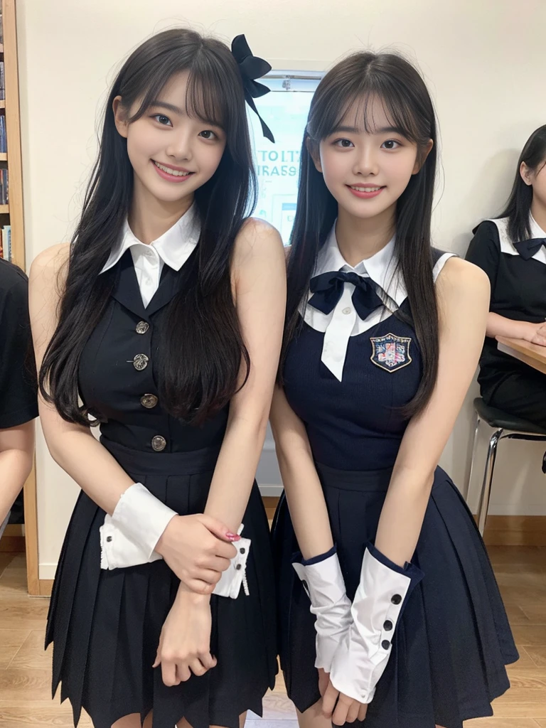 (Super cute Korean high school girls duo take photos 1.2)(grin,Smile)(Beautiful Sweat:1.1)(16K, RAW Photos, Highest quality, masterpiece: 1.2),(Beautiful short bob hair with even bangs, black hair) Super detailed, Super Resolution, (Genuine, Genuine photos: 1.37), Portraiture, High-resolution RAW color photos, Professional photos, Very detailed, 8k wallpaper, Very detailed CG Unity 8k wallpaper, Very detailed beautiful girls, Very detailed faces, ((whole body)), beautiful woman, Huge breasts,(huge boobs:1.1) (Big Boobs:1.1), Beauty college student (A tight, girly, navy sleeveless  with ribbon),high school girl, Korean Girls,(K-POP Female Idols), (Idol-class beauty)(Beautiful high school girl:1.1)(A library filled with books)(18-year-old)(Stylish school uniform-style outfit:1.1)(Group photo:1.1)(Tattoo,Tattoo:1.0)