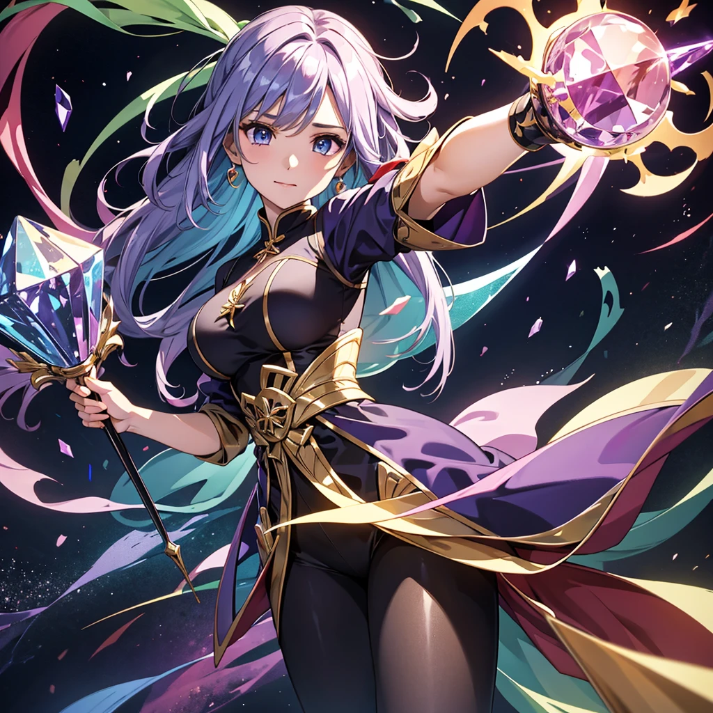 high resolution、A witch who controls seven-colored magic。
Holds a staff with a large crystal。In a dynamic pose。Wrapped in seven colors。