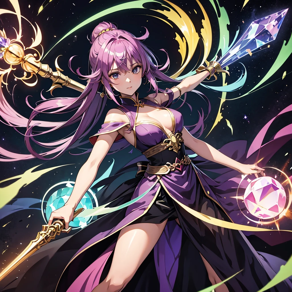 high resolution、A witch who controls seven-colored magic。
Holds a staff with a large crystal。In a dynamic pose。Wrapped in seven colors。