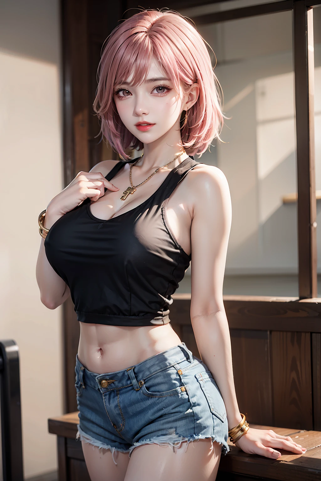 Women, early 20s, short silky pink hair with yellow tips, gold armlet, gold bracelet, golden eyes, seductive look, golden hair pinns, golden key necklace, big breast, black midriff tank top, denim short shorts.