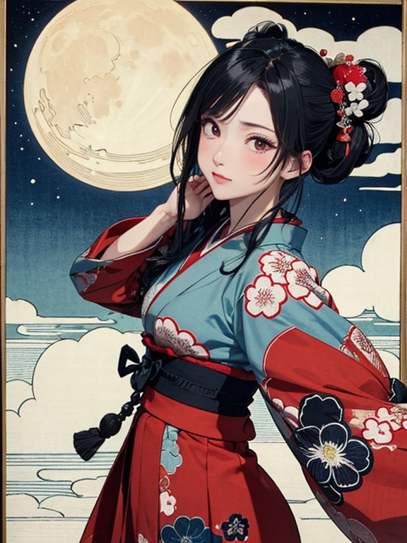 (masterpiece, Highest quality,High resolution, Official Art), (One girl), Bright and vivid color patterns in Japanese clothing、Black hair in a Japanese round topknot,Traditional Japanese patterned fabric, (Dynamic movements),(Shiny skin),  ( Ukiyo-e background,moon,flower,cloud )