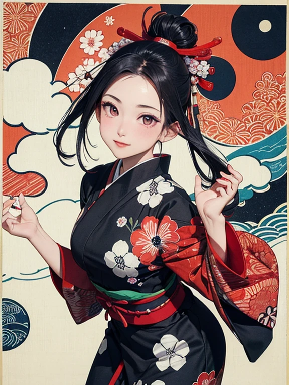 (masterpiece, Highest quality,High resolution, Official Art), (One girl), Bright and vivid color patterns in Japanese clothing、Black hair in a Japanese round topknot,Traditional Japanese patterned fabric, (Dynamic movements),(Shiny skin),  ( Ukiyo-e background,moon,flower,cloud )