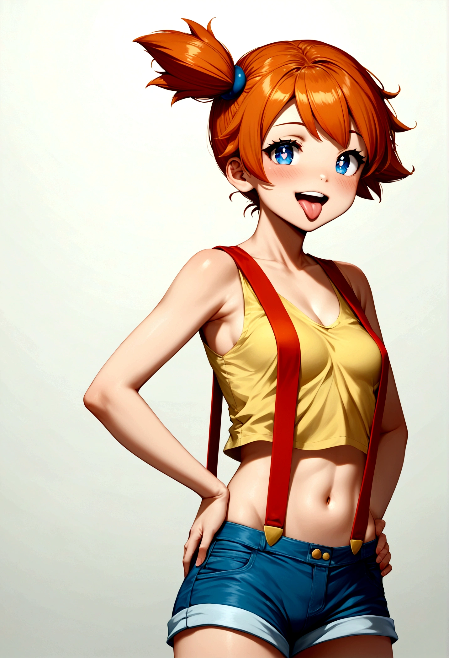 score_9, score_8_up, score_7_up, score_6_up, score_5_up, zPDXL2, max detail, 4k wallpaper, masterpiece, best quality, absurdres, highres, source_anime, PokemonStyle, pokemon \(anime\),flat color, 1girl, solo, misty (pokemon), open mouth, orange hair, blue eyes, mediumshot, suspenders, side ponytail, breasts, teeth, blush, outline, shirt, short hair, yellow shirt,navel,shorts,white background, simple background, sleeveless, bangs,happy, upper teeth only, bright pupils, bare shoulders, sleeveless shirt,one closed eye, tongue,hands on hips.from side,