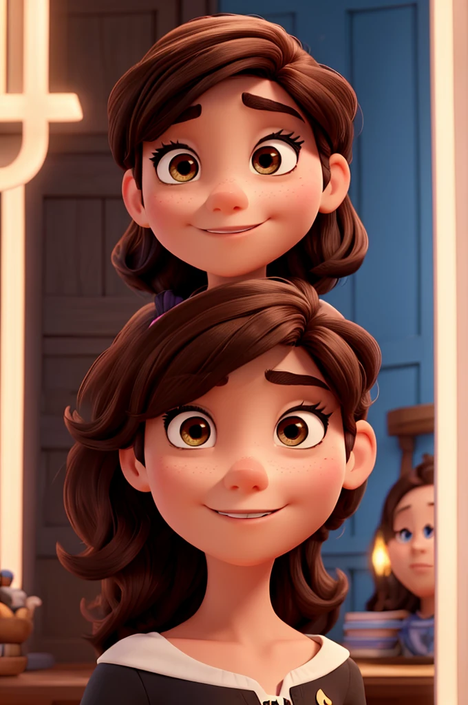 Disney Pixar poster of a woman with dark brown hair and black eyes