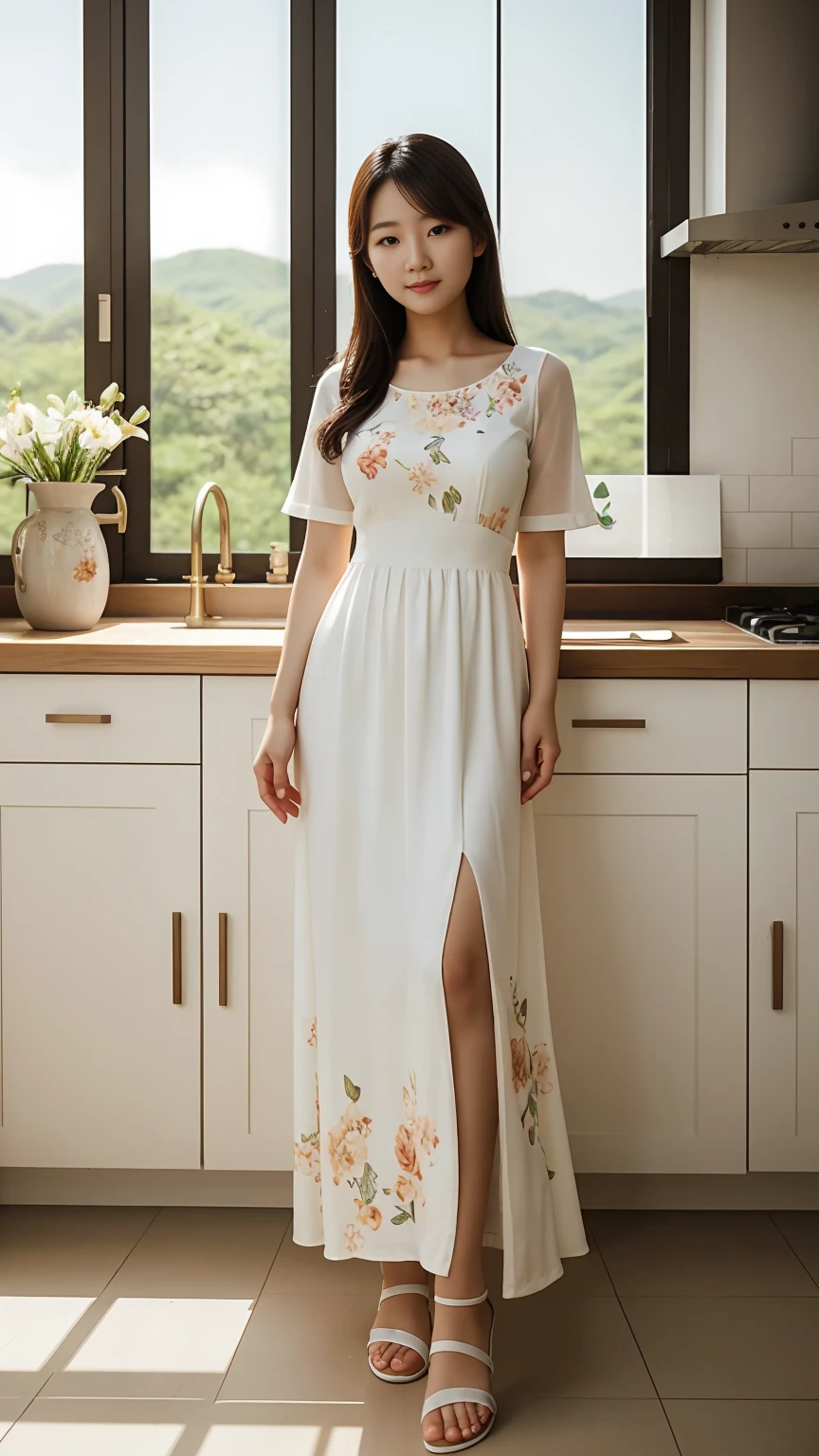 Full body shot, a young Korean woman in a white floral long dress, sandals, standing in kitchen, face straight to viewer, calm pose, serene expression, cute face, detailed face, detailed clothing, detailed background, natural lighting, warm colors, beautiful scenery, intricate details, highly detailed, photorealistic, 8k, ((masterpiece)), cinematic style, portrait