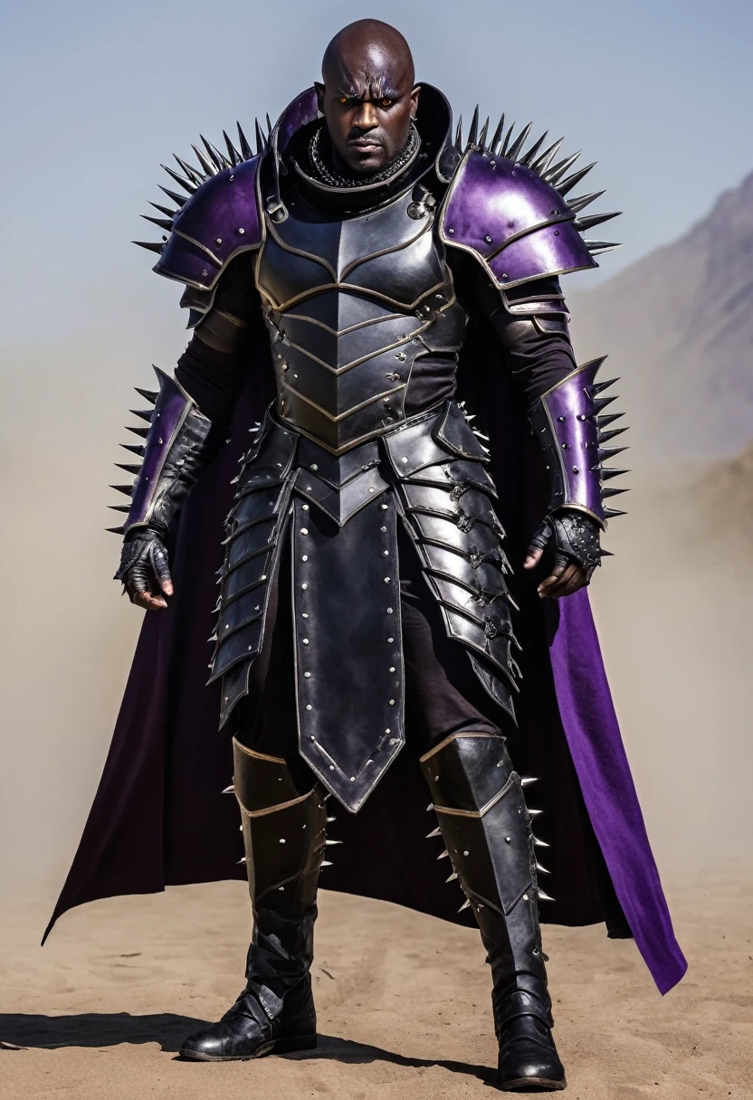 1 black bald man wears imposing battle armor with spikes, and other intimidating details, scar in left eye, glowing eyes, high detail, sharp focus, dramatic, black skin, scar in left eye, full body, cape, purple evil details