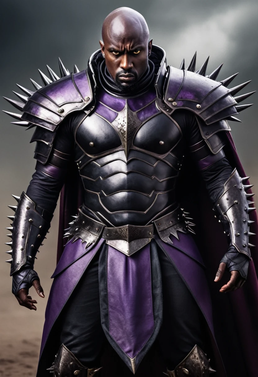 1 black bald man wears imposing battle armor with spikes, and other intimidating details, scar in left eye, glowing eyes, high detail, sharp focus, dramatic, black skin, scar in left eye, full body, cape, purple evil details
