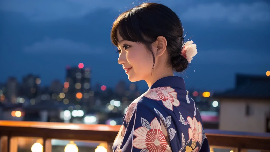 Beautiful 20s woman in yukata, smiling sideways, night background, anime retro style