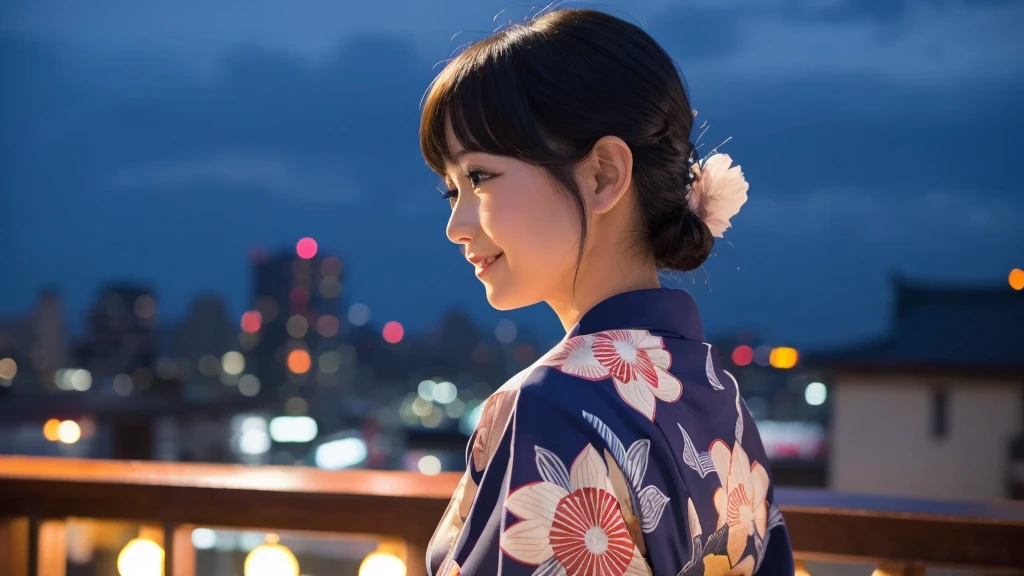 Beautiful 20s woman in yukata, smiling sideways, night background, anime retro style
