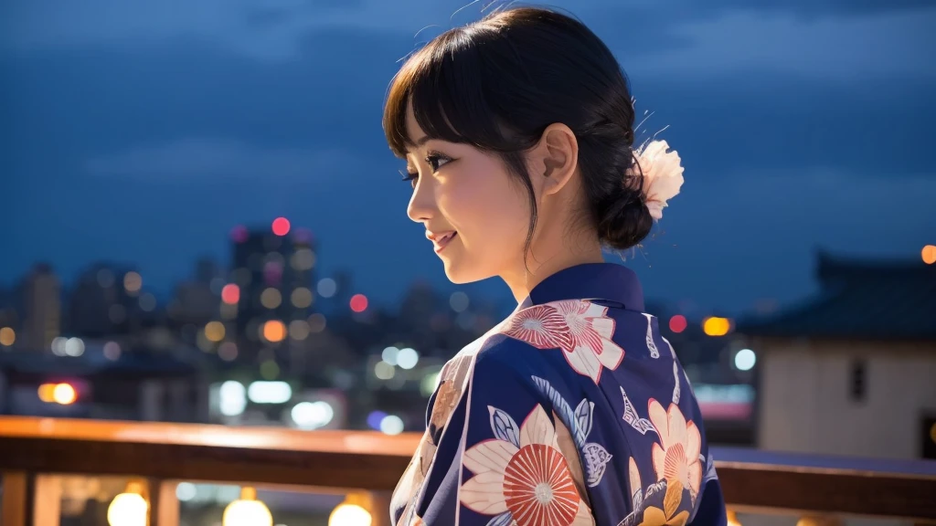 Beautiful 20s woman in yukata, smiling sideways, night background, anime retro style