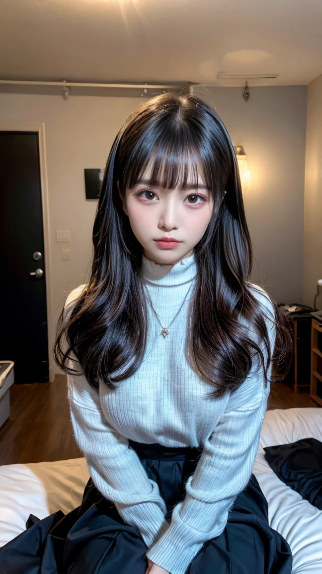 highest quality、8k、32k、masterpiece、Super vivid、Highest quality、8k full vision, Cinematic lighting:1.2)、(Blue right), One Girl、Long Hair Girl、Beautiful Japanese Women、Black-haired、Heavy bangs、Long sleeve shirt、Hair length、Fluffy white sweater、Accentuate your breasts、choker、(large breasts), (jirai type fashion、jirai type makeup, Jirai Type Girl), Sparkling under-eye bags、red glitter eye makeup, From feet to head、
indoor、moonlit room、Dark Room、dim、A room in an apartment with a sense of life、A messy room、Messy room、