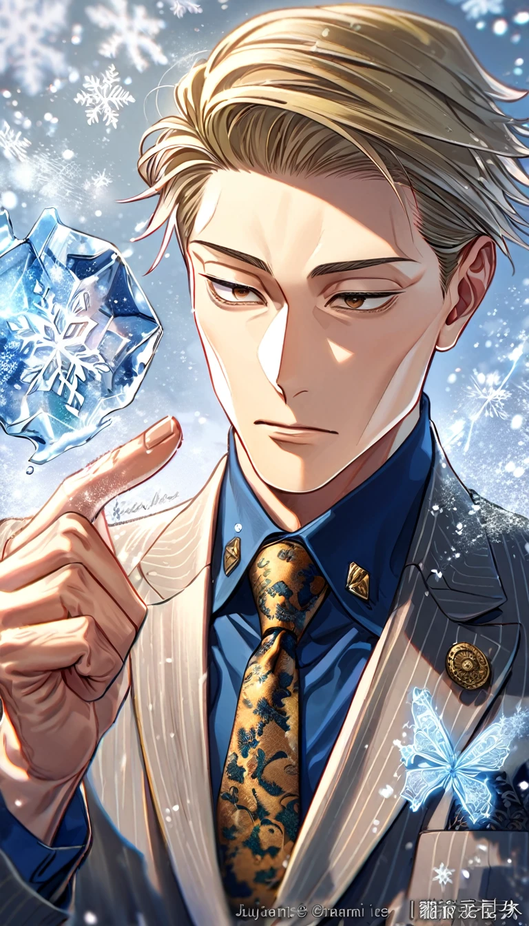 absurdres, highres, ultra detailed, HDR, master piece, best quality, extremely detailed, Nanami Kento, blonde hair, expressive brown eyes, Jujutsu Kaisen, solo, young man, handsome, gray jacket, blue shirt, necktie, magical, fantasy, snowflakes, ice butterflies, ice, snowing