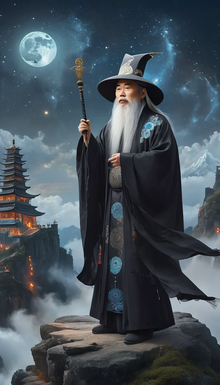 a wise old Chinese Taoist sorcerer in flowing black robe, long white beard and eyebrows, wearing a traditional scholar's hat, standing on a mountain peak gazing at the starry night sky, surrounded by glowing mystical runes and symbols, ethereal atmosphere, highly detailed, cinematic lighting, digital art, concept art, fantasy,bridge，Seven Star Array，Astrolabe