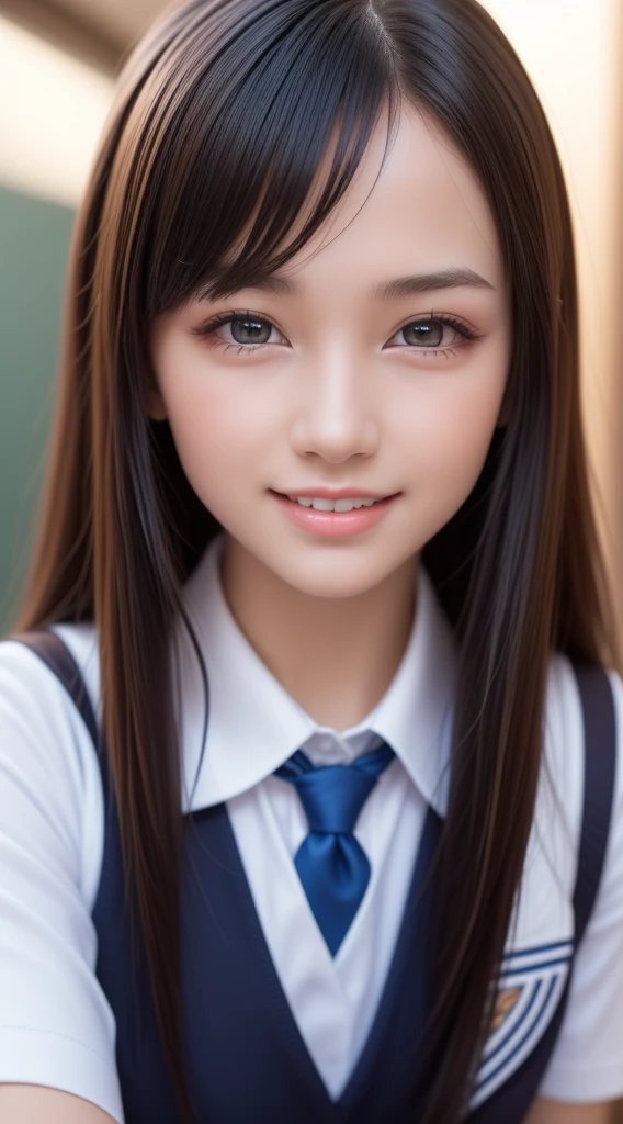 , 1girl in, Extremely cute, Amazing face and eyes, (Beautiful lovely smile), (extremely detailed beautiful face), bright and shiny lips, Super beautiful, (School uniform:1.3), (Best Quality:1.4), (hyper quality), (Ultra-detailed), (Hyper-realistic, Photorealsitic:1.37), Authentic skin texture, Highly detailed CG integrated 8k wallpapers, RAW Photos, professional photograpy, Cinematic lighting,