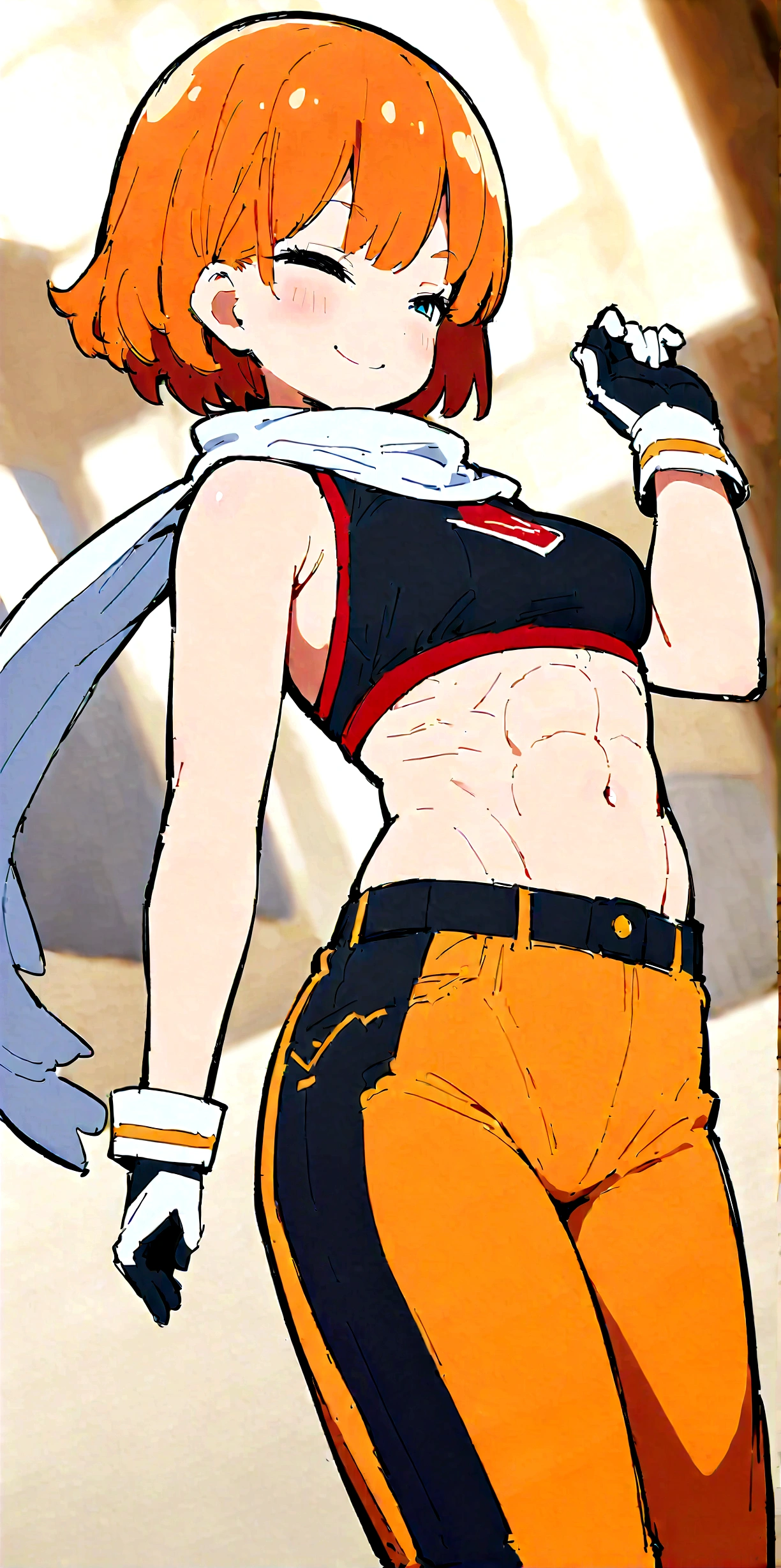 Anime Girls、Six Pack Abs、Orange Hair、short hair、happiness、smile、detailed、Highest quality、masterpiece、Flight Cap、Scarf、hort top、gloves、navel、Muscular