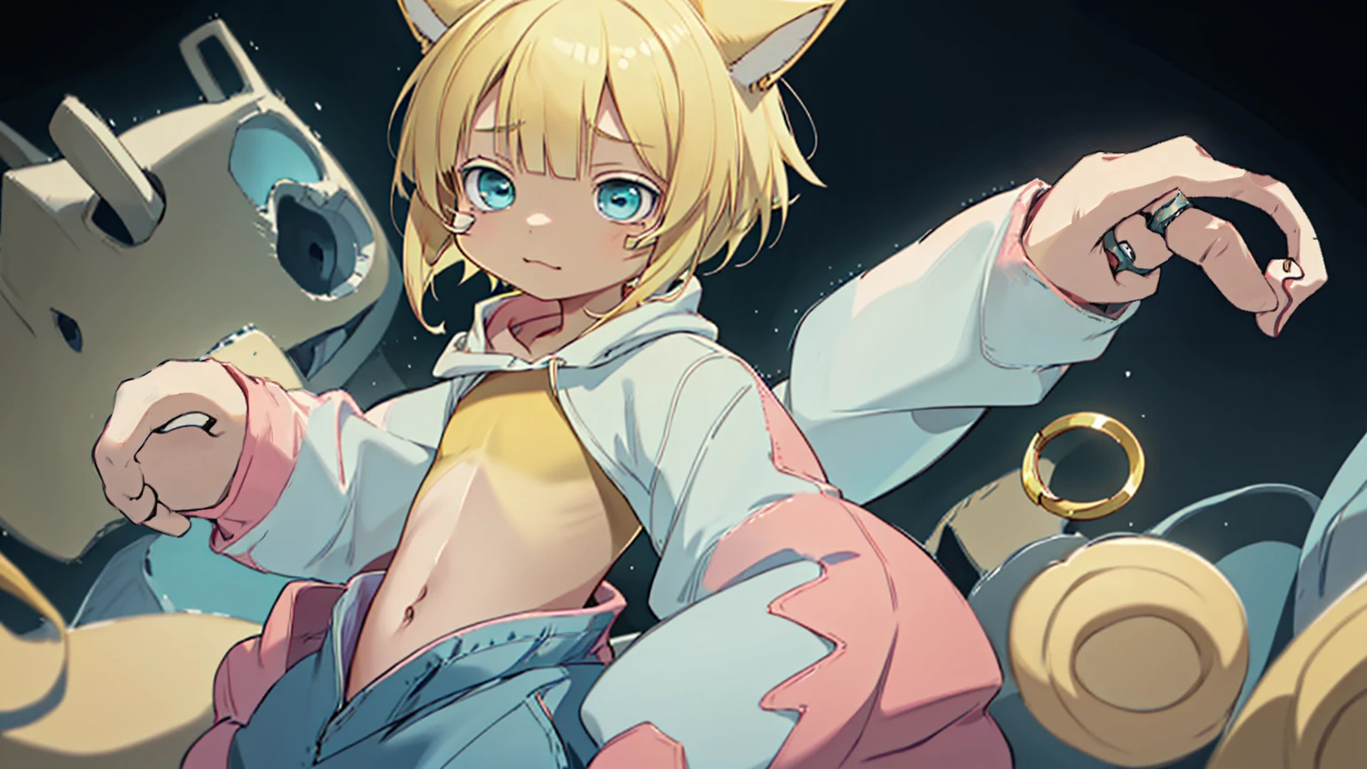 8-year-old girl, my_Irumui,
she has (Blonde).
(Eye color is turquoise), SFW,
Blonde Hair、Short Hair、Cat ear、(Blonde rings:1.5),
White skin, Wooden village, (Flat Chest), Denim shorts,
outside, bright,, Pink hoodie,I tried drawing it in the style of Made in Abyss with the belly button sticking out.,
Soft lighting and detailed environments、Create immersive environments that inspire your imagination、Delivering high quality visuals, Dim lighting, Sharply focused, Octane Rendering, 8K Ultra HD