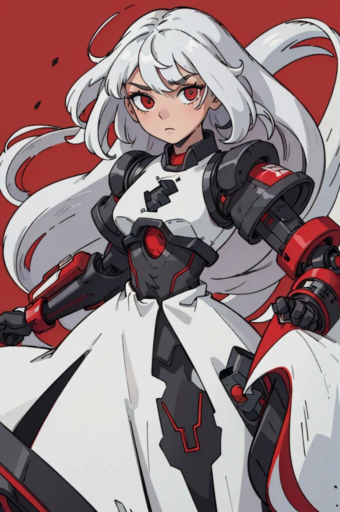 best quality, simple Details, 1 girl, Long hair, white hair, tousled hair, Rote Highlights, red eye, good eyes, Black Dress, simple background, full body, robot parts