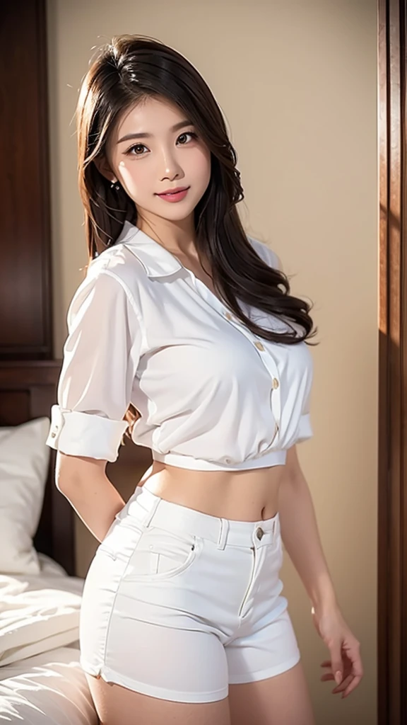 sensual asian woman, linda, wearing white shorts and a white blouse, semi-new