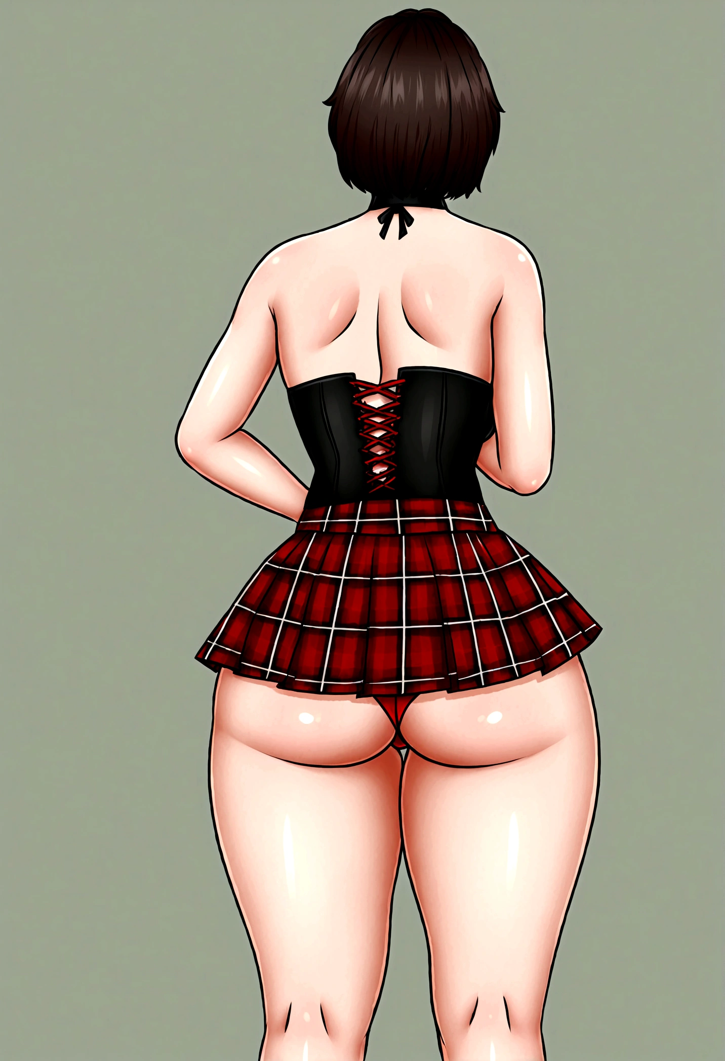 show me a transvestite man with a black corset plaid mini skirt and a visible red thong, back view