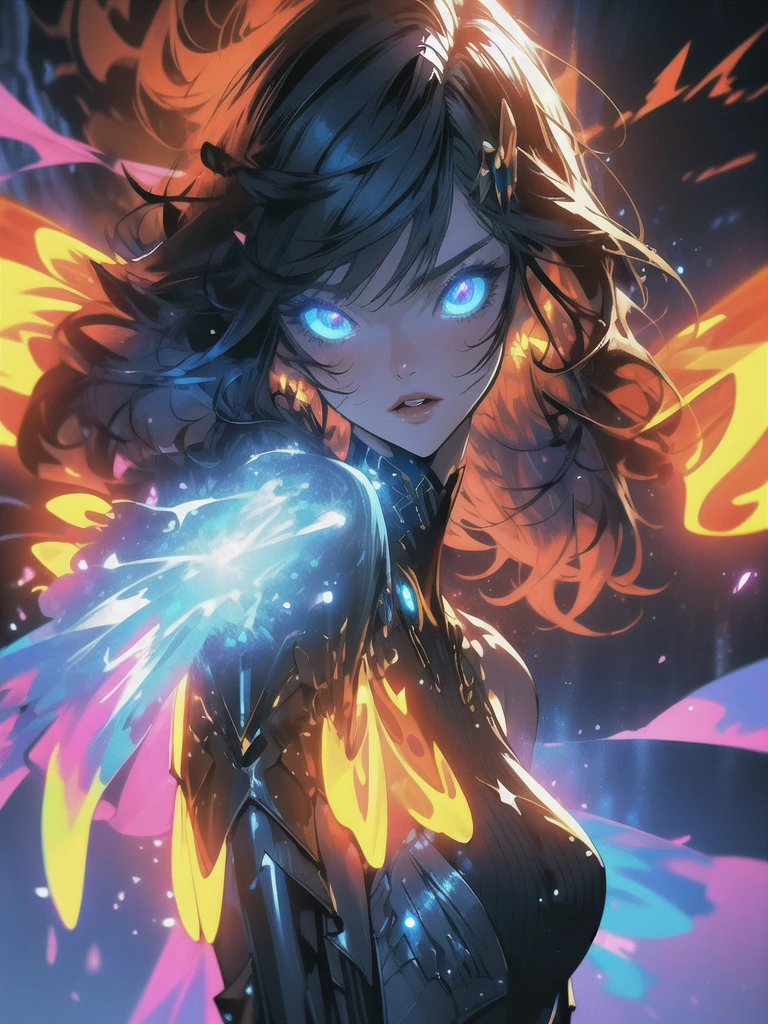(masterpiece, best quality), 1lady, solo, masterpiece, artstation, dynamic, charming, magical, unreal engine, fantastically beautiful, illustration, dramatic lighting, rave background, neon glow, maximalist