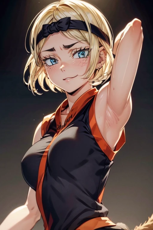 8k high resolution, detailed face, detailed body, perfect body, ultra high quality, 1 girl, sleeveless shirt, arms up, armpit, sweating, black headband, cat eyes