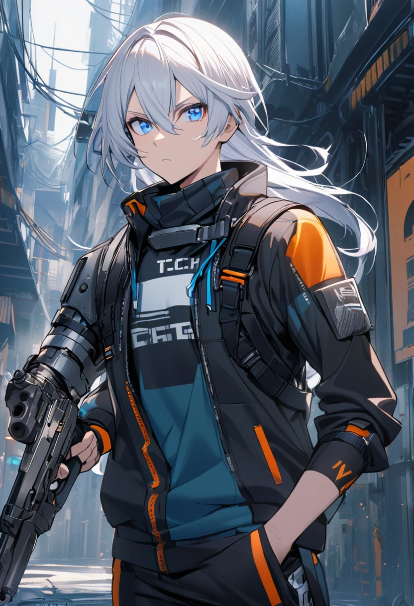 1man, white hair, 1metal arm, holding pistol, blue eyes, tech wear, jacket, 