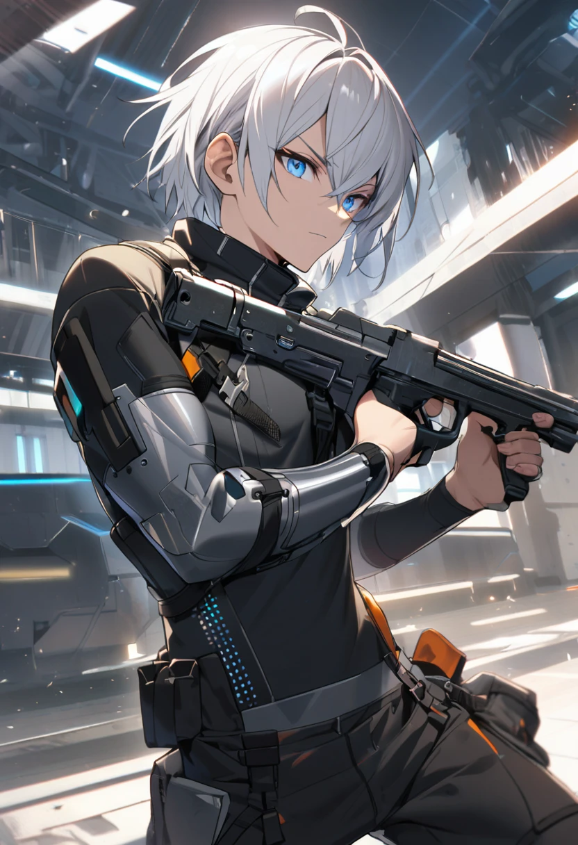 1man, white hair, 1metal arm, holding pistol, blue eyes, tech wear, jacket, 