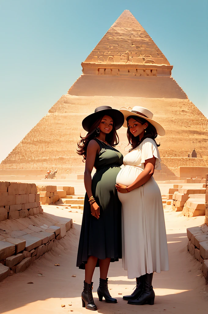 two pregnant women standing in front of the great pyramid of egypt, in long dresses, hats, boots,