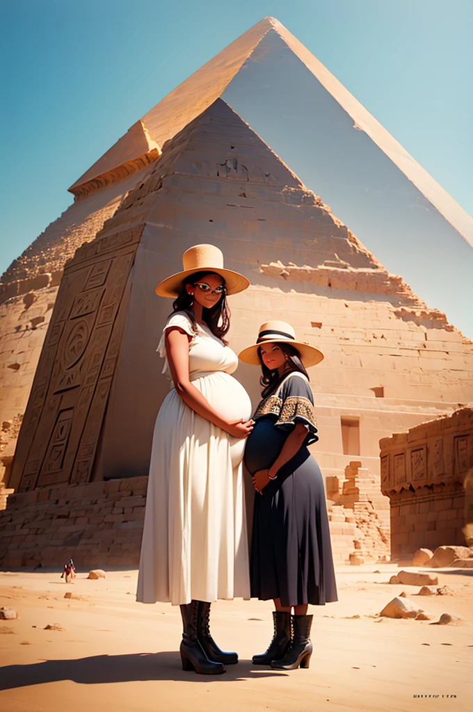 two pregnant women standing in front of the great pyramid of egypt, in long dresses, hats, boots,