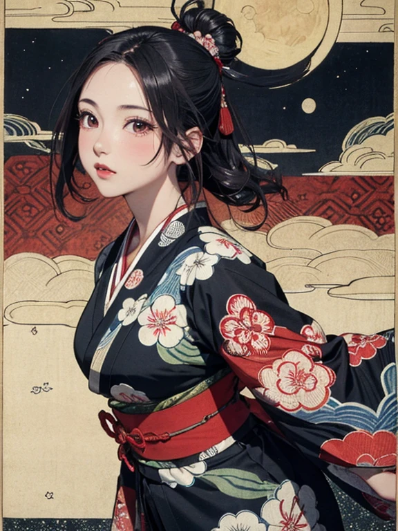 (masterpiece, Highest quality,High resolution, Official Art), (One girl), Bright and vivid color patterns in Japanese clothing、Black hair in a Japanese round topknot,Traditional Japanese patterned fabric, (Dynamic movements),(Shiny skin), ( Ukiyo-e background,moon,flower,cloud )