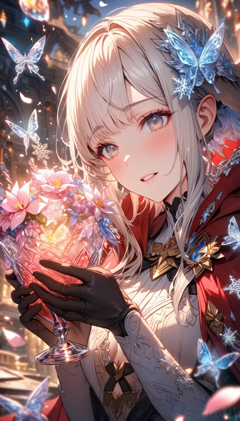 Ultra detailed, HDR, Highres, absurdres, master piece, Velouria, white hair, expressive gray eyes, red cape with a hoodie, white shirt, Fire Emblem Fates, extremely beautiful, woman, black gloves, glass, ice glittering erflies, ice, petals, pink ice glass flowers, glittering, water, fantasy, magical, snowflakes, cold, glass