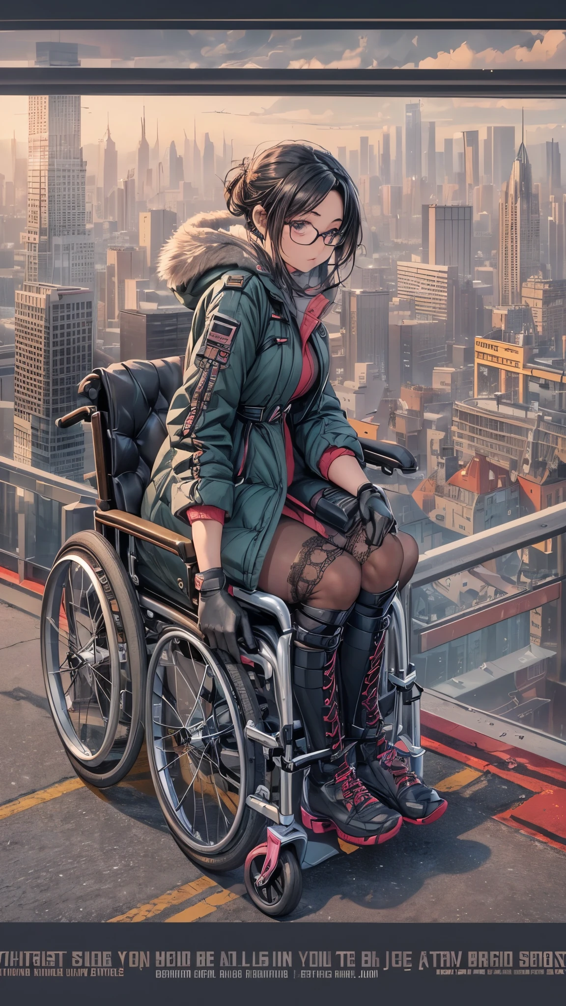 (Very detailed, Realistic), Cityscape, [moderately:Oil], [Professional:1.1], [Physically Based Rendering], [Bright colors], [Sharp focus], [Studio Lighting], [Extreme Detail], [Highest quality,4K,8K,High resolution,masterpiece:1.2],(Detailed face),((from above2.0,from side)),((inside the street)),((there is many peoples in the street)),((One 18-year-old woman)),((eight heads tall)),(Glasses),(Black unkempt hair),(blush),(blush),(dark),(it hurts),(Scary),[Nervous eyes],((many peoples are watching her of wheelchair user)), ((many peoples are watching her of wheelchair user)), ((many peoples are watching her of crutche’s user)),((She walks with crutches,Crutch length from armpit,Crutches are at her side)),((she’s putting on her legs in cast)),((leg braces)),((leg braces)),((she’s wheelchair user)),((Her feet are turned inwards)),(winter clothes ladies fashion,trench coat,tights),((lace-up-long-boots)),(gloves,Knee pads),((she’s putting hands in your crouch)).