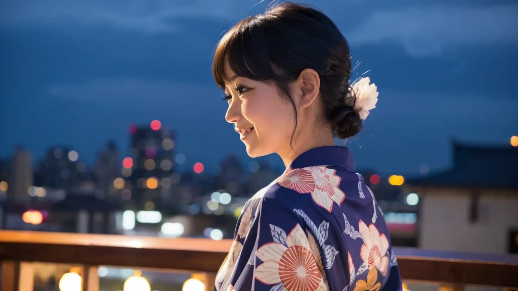 Beautiful 20s woman in yukata, smiling sideways, night background, animestyle