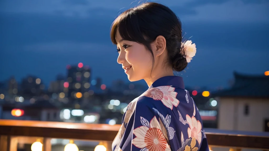 Beautiful 20s woman in yukata, smiling sideways, night background, animestyle