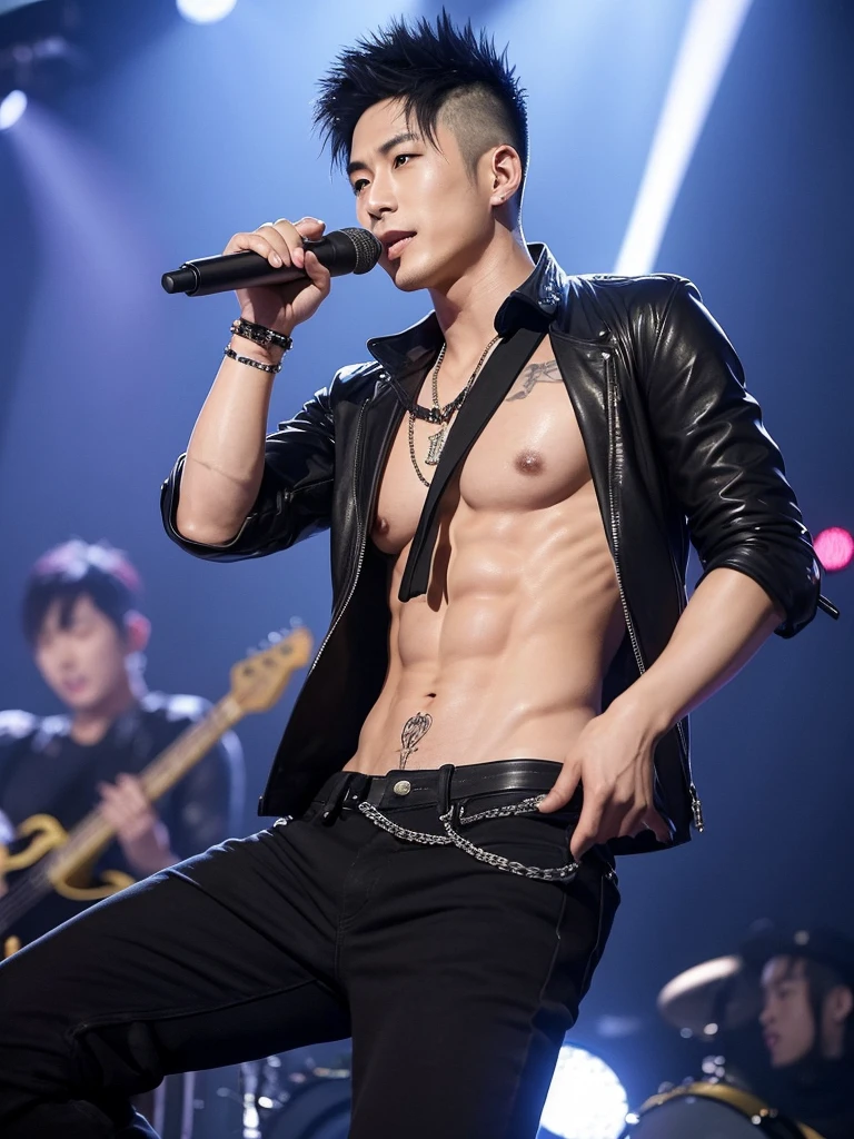 35-year-old Chinese-Japanese man, Idol and singer of a musical group a Rockstar, with short hair shaved on the sides defined abs, Cold look, similar to sid vicious