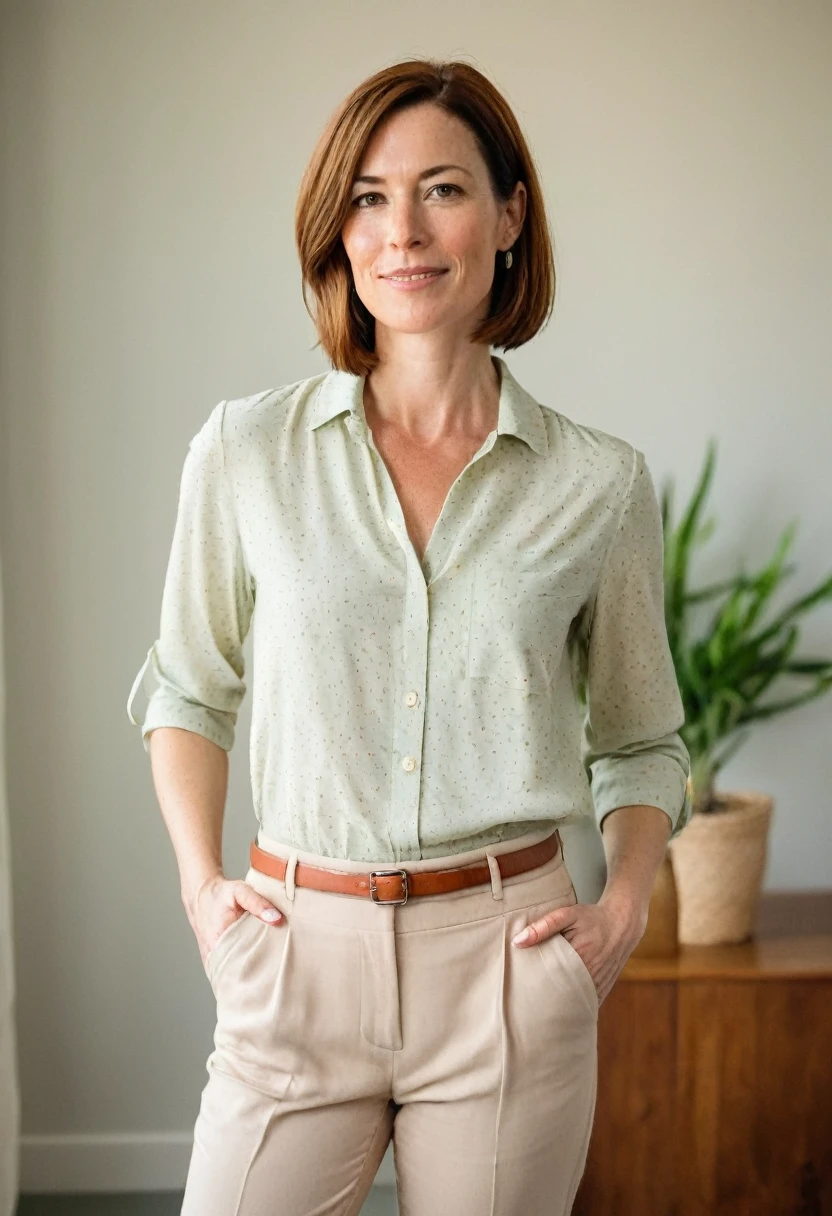 Portrait of Dr. Amanda Eversfield, 38 years old, slender build, 5'7", shoulder-length chestnut brown bob, hazel eyes, fair skin with freckles, wearing a pastel blouse and trousers, professional yet approachable, soft background with a cozy, well-lit room.