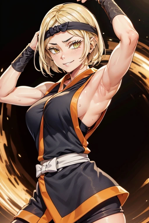 8k high resolution, detailed face, detailed body, perfect body, ultra high quality, 1 girl, sleeveless shirt, arms up, armpit, sweating, black headband, yellow eyes