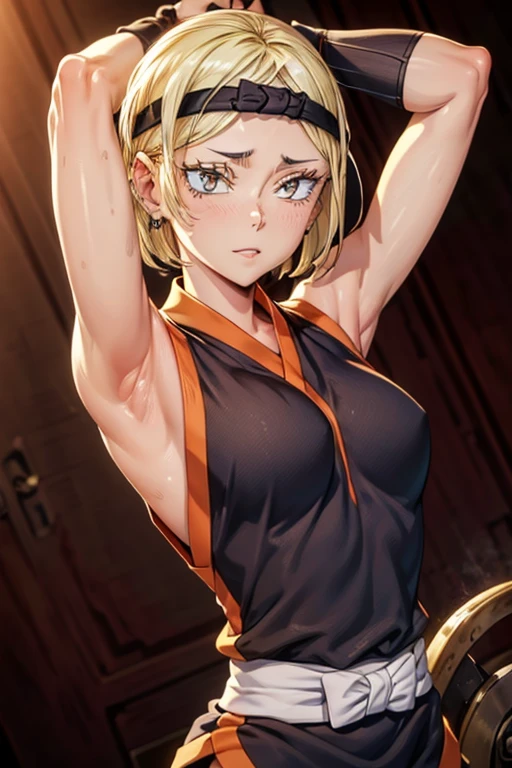 8k high resolution, detailed face, detailed body, perfect body, ultra high quality, 1 girl, sleeveless shirt, arms up, armpit, sweating, black headband, yellow eyes