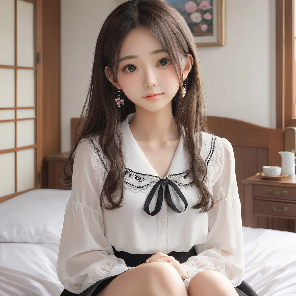 (masterpiece, Highest quality:1.2), One girl, alone,bony body、15 years old、master piece , best quality , detailed , blouse , skirt , sitting , (from front) , bed room , indoor