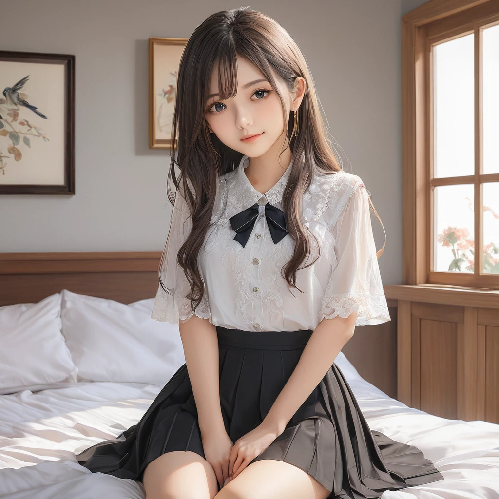 (masterpiece, Highest quality:1.2), One girl, alone,bony body、15 years old、master piece , best quality , detailed , blouse , skirt , sitting , (from front) , bed room , indoor