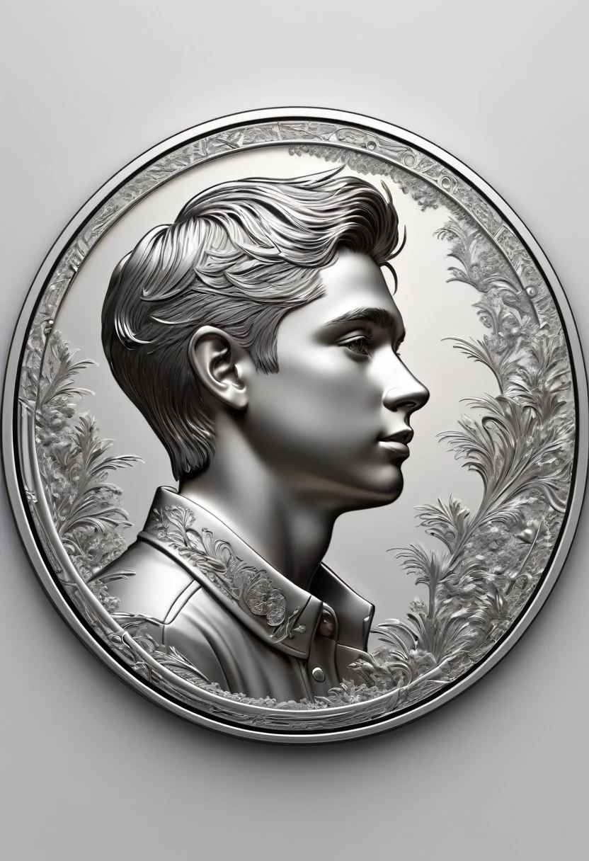 Fractal Art Design, (Highest quality, 4K, 8K, High resolution, masterpiece: 1.2), Very detailed, (Realistic, Realistic, Realistic: 1.37), A circular relief coin depicting a detailed profile of a boy, Coin with artwork on it placed in a woman&#39;s palm. The coin is a cool bronze  In this depiction, the woman&#39;s palm is exaggerated.、She is depicted smiling and holding a coin.。.