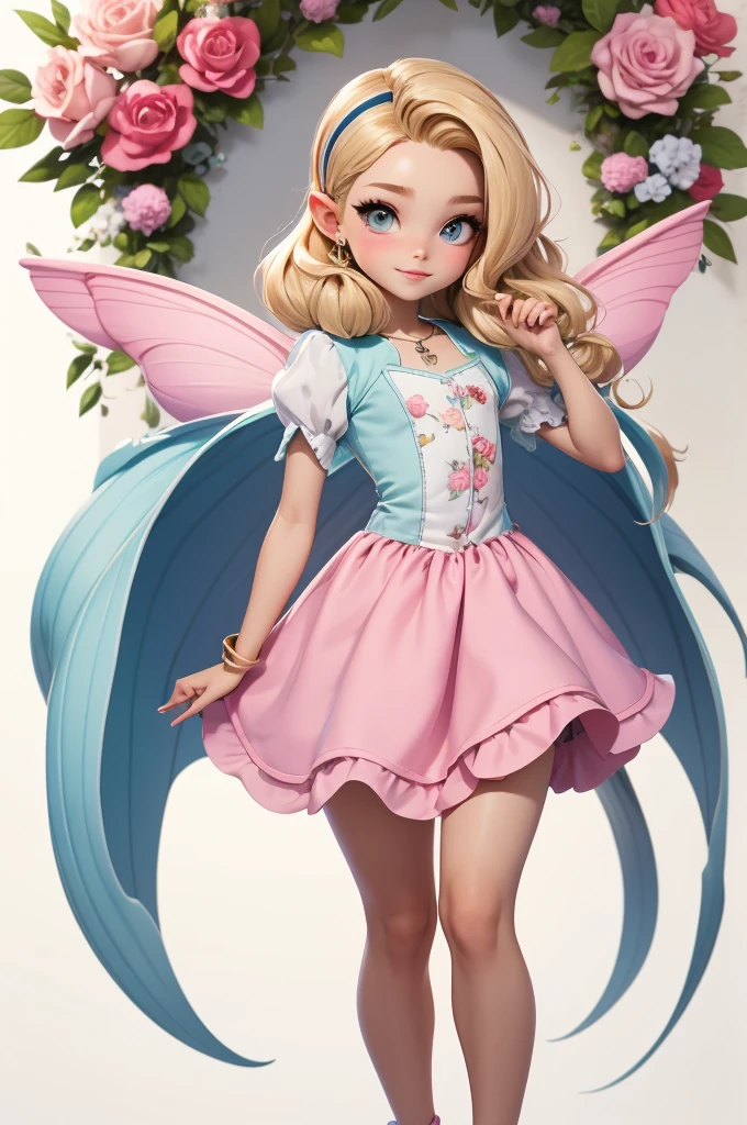 imagem de alta qualidade de uma boneca chibi Talor Swift: boneca chibi ,illustration,detalhes delicados,Pose encantadora,lovely expression,cores suaves,roupa bonita,cabelos intrincados,beautiful eyes and lips,melhor qualidade,ultra-detalhado,fotorrealista,vivid colors, solid background, profesional lighting, girly accessories, espressiva, headband flowers, blue eyes, ombre hair, long hair, basket of flowers in hands, lovely pose, black eyes, wearing a fairy outfit pastel colors glitter, mint green, pink, and soft purple, exuberant, perfect, centered in the photo with a white background, nitid, fairy vibes, standing, pink flat shoes, vibrant, white background, blonde hair, blonde hair, hair blonde
