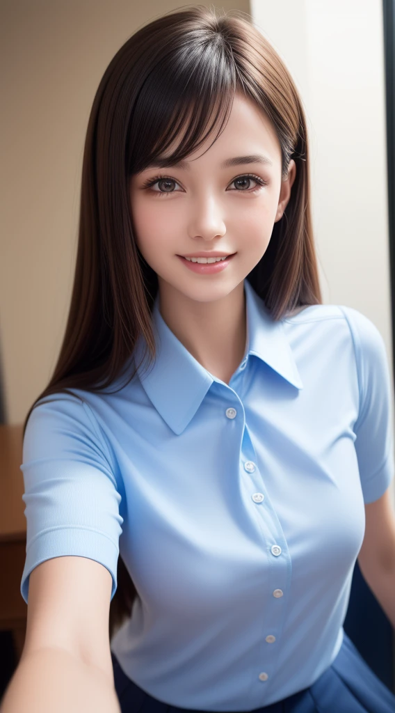 , 1girl in, Extremely cute, Amazing face and eyes, (Beautiful lovely smile), (extremely detailed beautiful face), bright and shiny lips, Super beautiful, (School blouse:1.3), (Best Quality:1.4), (hyper quality), (Ultra-detailed), (Hyper-realistic, Photorealsitic:1.37), Authentic skin texture, Highly detailed CG integrated 8k wallpapers, RAW Photos, professional photograpy, Cinematic lighting,